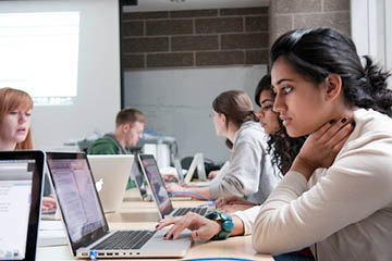 Spartans working diligently on laptops in a collaborative learning environment at Michigan State University.