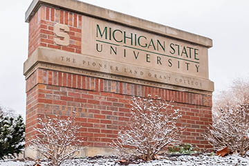 Michigan State University entrance sign surrounded by light snowfall. The sign features the MSU logo with the text 'Michigan State University' and 'The Pioneer Land Grant College' engraved on a brick and stone structure. Snow-dusted shrubs and trees frame the scene, evoking a serene winter atmosphere