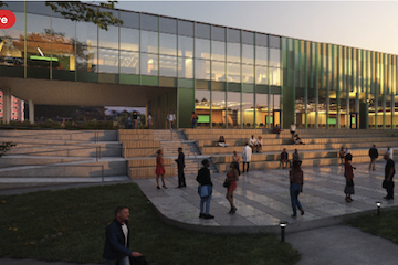 Artist rendering of the new MSU Multicultural Center, the building is surrounded by active students and trees.