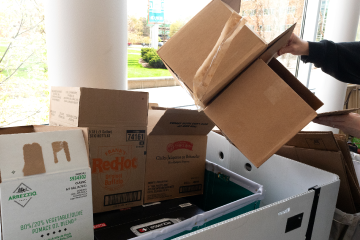 Cardboard boxes are sorted by a team member into a bin.