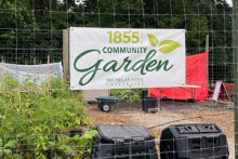 A banner reading '1855 Place Community Garden, Michigan State University' is displayed on a fence in front of a garden area. The garden includes green plants, compost bins, and a wheelbarrow, with trees in the background.