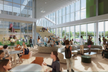 Rendering of the interior of Michigan State University's Multicultural Center. The bright, open space features large floor-to-ceiling windows, modern seating areas, and a staircase leading to an upper level. Students and community members are gathered in groups, engaging in conversations and activities, showcasing a lively and inclusive environment.