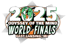 The 2025 logo for Odyssey of the Mind World Finals in East Lansing, Michigan: stars burst from the background while the zero in 2025 represents the Earth's globe.