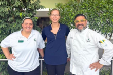 Culinary Services team members CS managers Kara Peruchietti and Megan Varner and Chef Luis "Ben" Segunda pose proudly on campus.